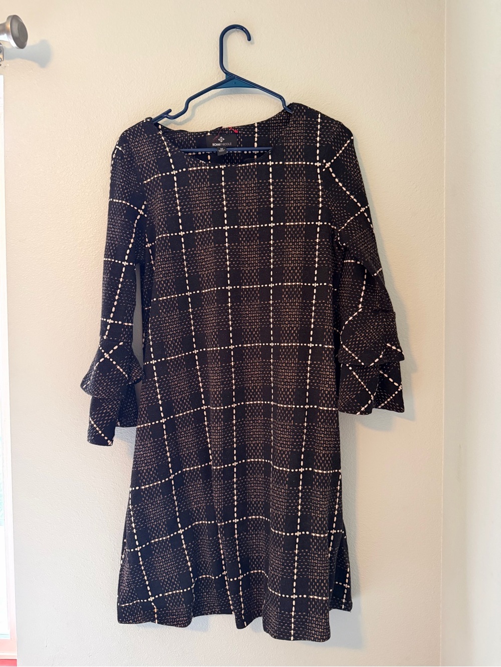 Ronni Nicole Black and White Windowpane Ruffle Sleeve Midi Dress